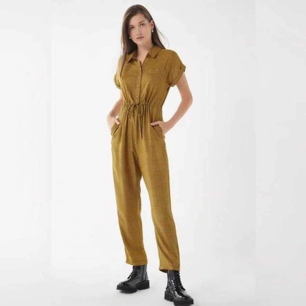 Urban Outfitters Women's Small Jumpsuit Tilda Yellow Plaid Drawstring Waist EUC